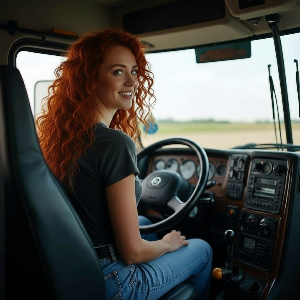 Woman Trucker Checks Mirror in Mack Truck Cab