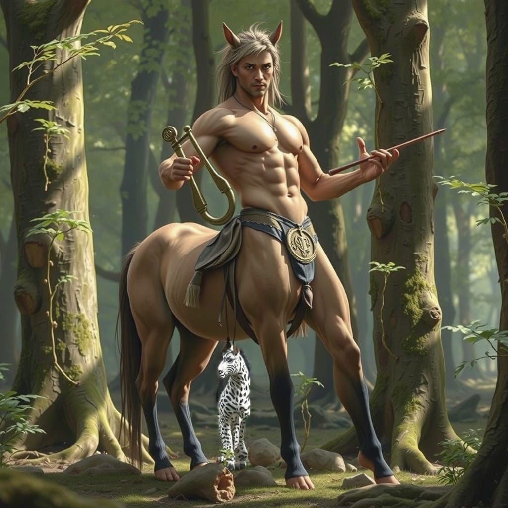 Hyperrealistic Male Centaur Plays the Lyre in a Morning Clea...
