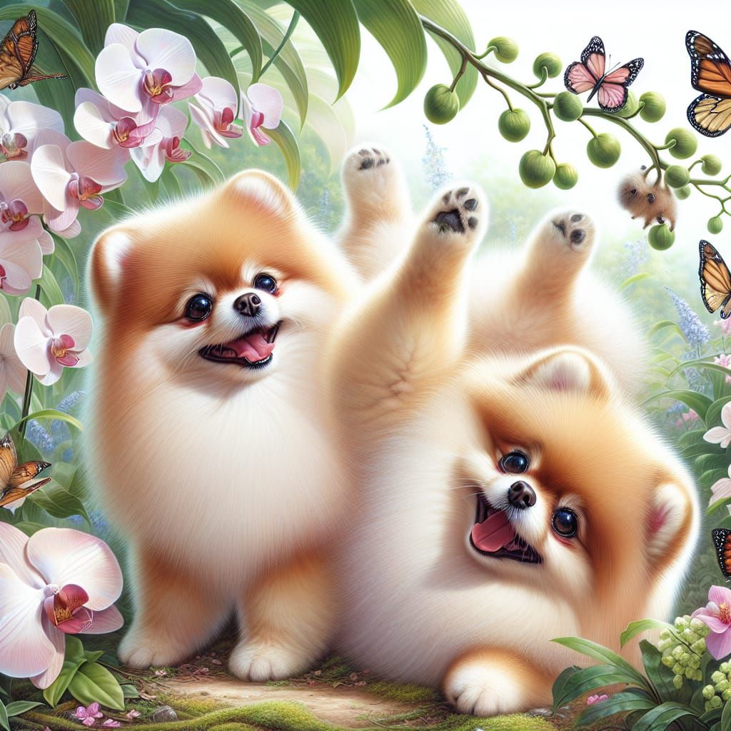 Fluffy Pomeranian Spitz Dogs Play in Tropical Jungle with Or...