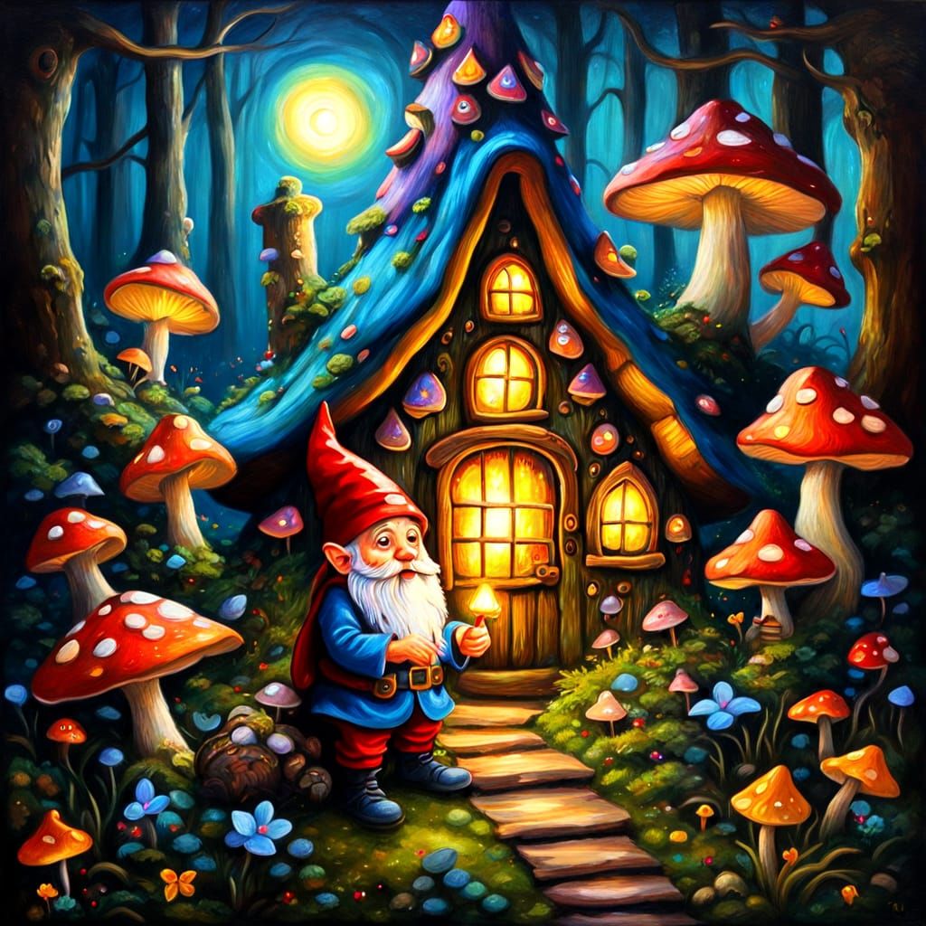 Gnome's Mushroom Home: A Whimsical Oil Painting