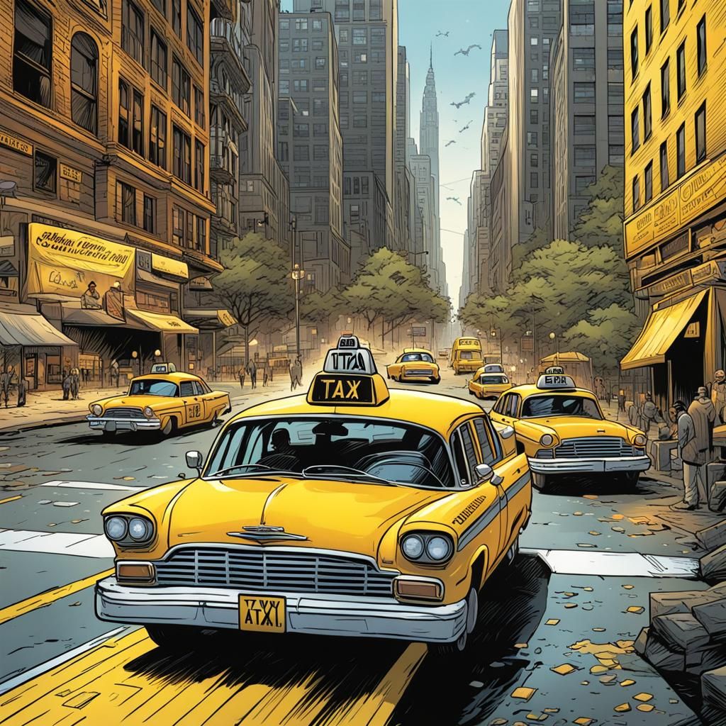Yellow Taxi on Highway in Comic Book Art Style