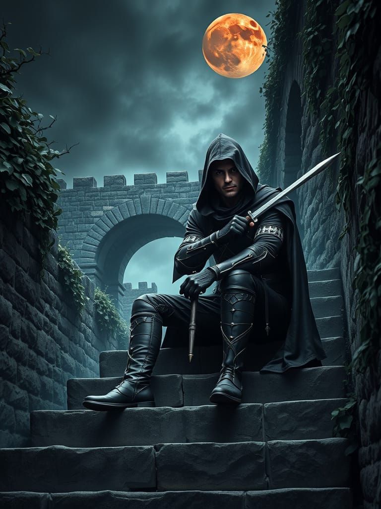 Dark Fantasy Assassin in Stormy Nighttime Landscape
