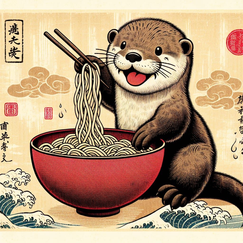 Noodle-eating Otter Woodblock Illustration 2