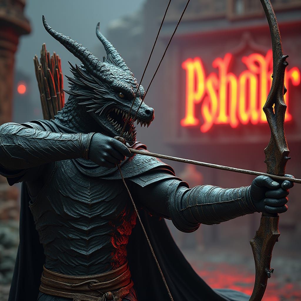 Dragon Knight Unleashes Bowstring in Neon-Lit Fantasy World