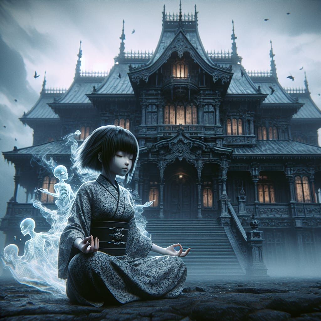 Meditating Spirit by Haunted Mansion in Matte Painting Style