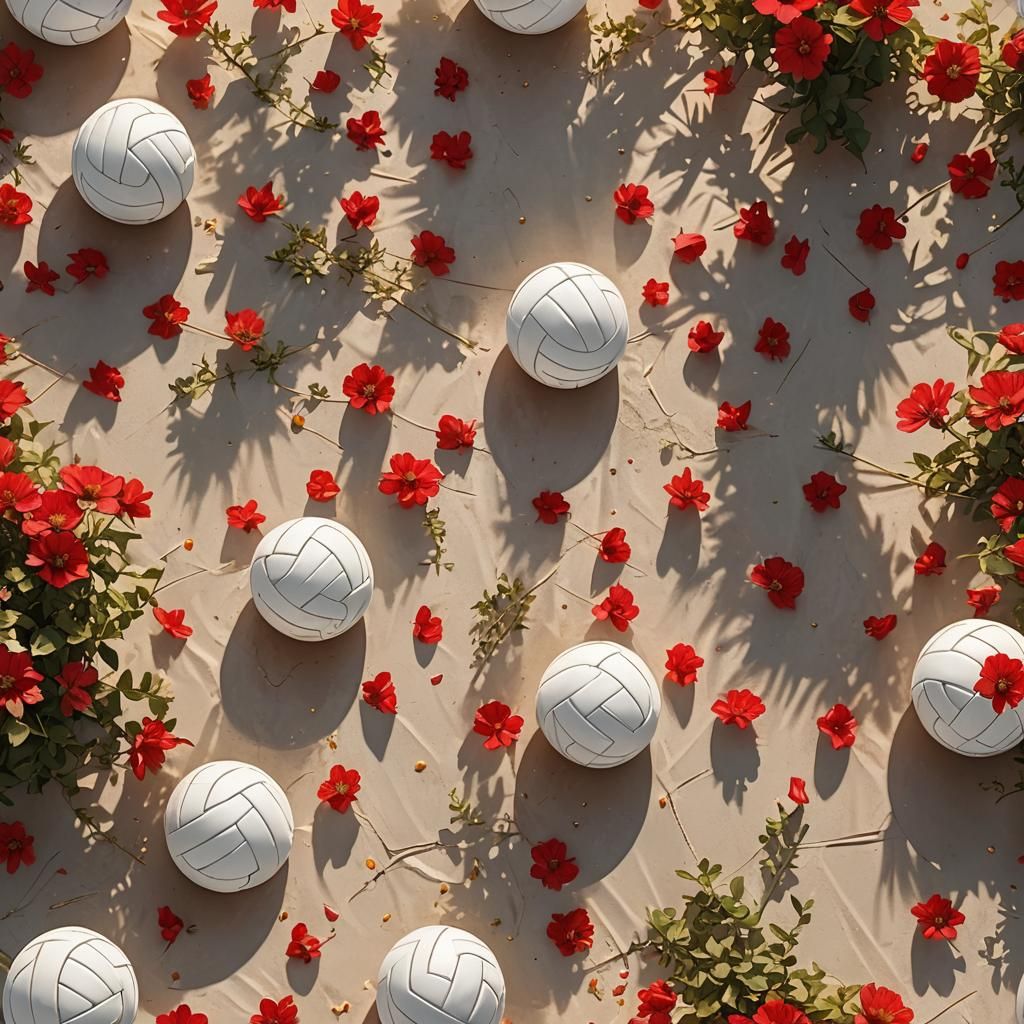 Volleyball in Sun Puddle with Red Flowers