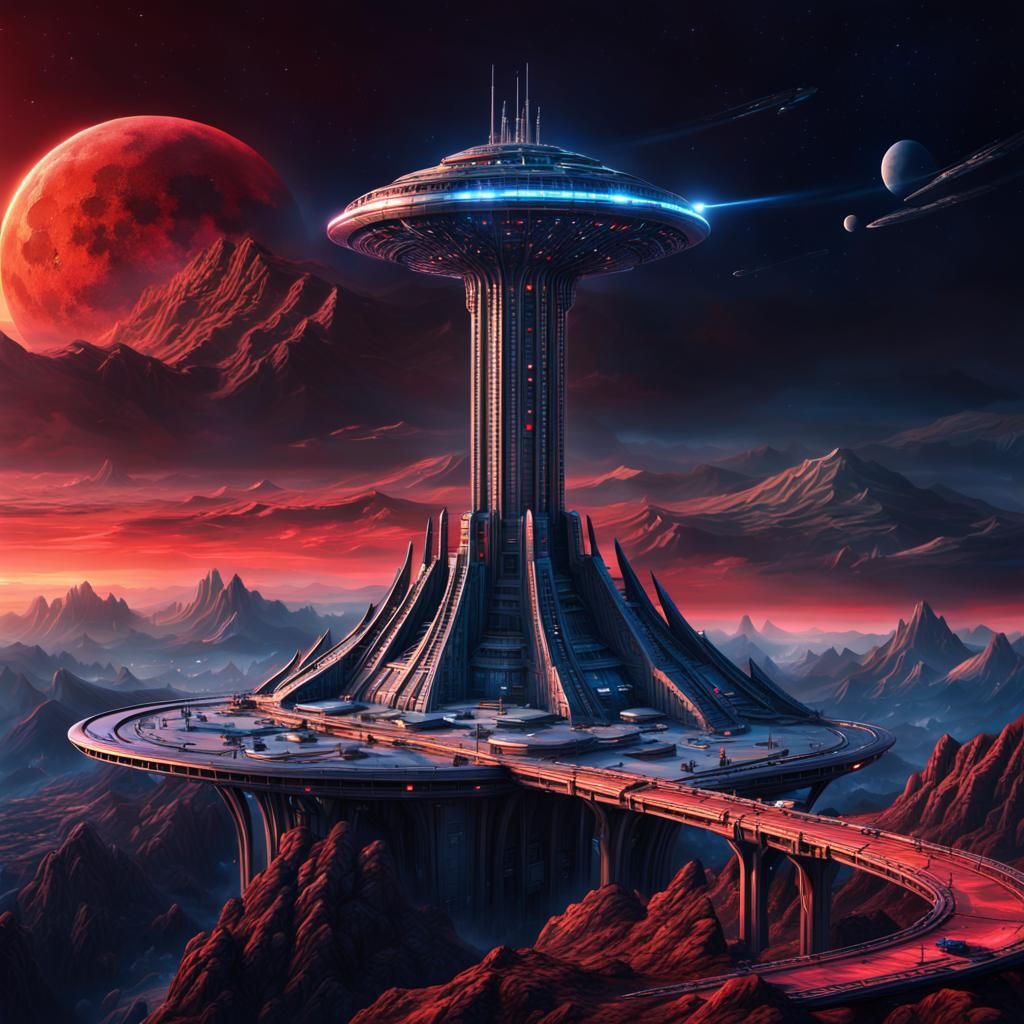 Futuristic Alien City with Sapphire Moon: Digital Painting