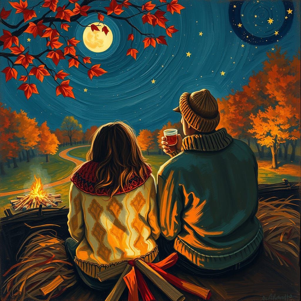 Autumn Hayride Stargazing in Expressive Impasto Style