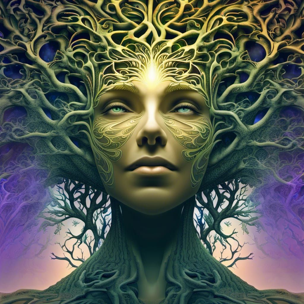 Tree Goddess with Fractal Roots in Surreal Paradise