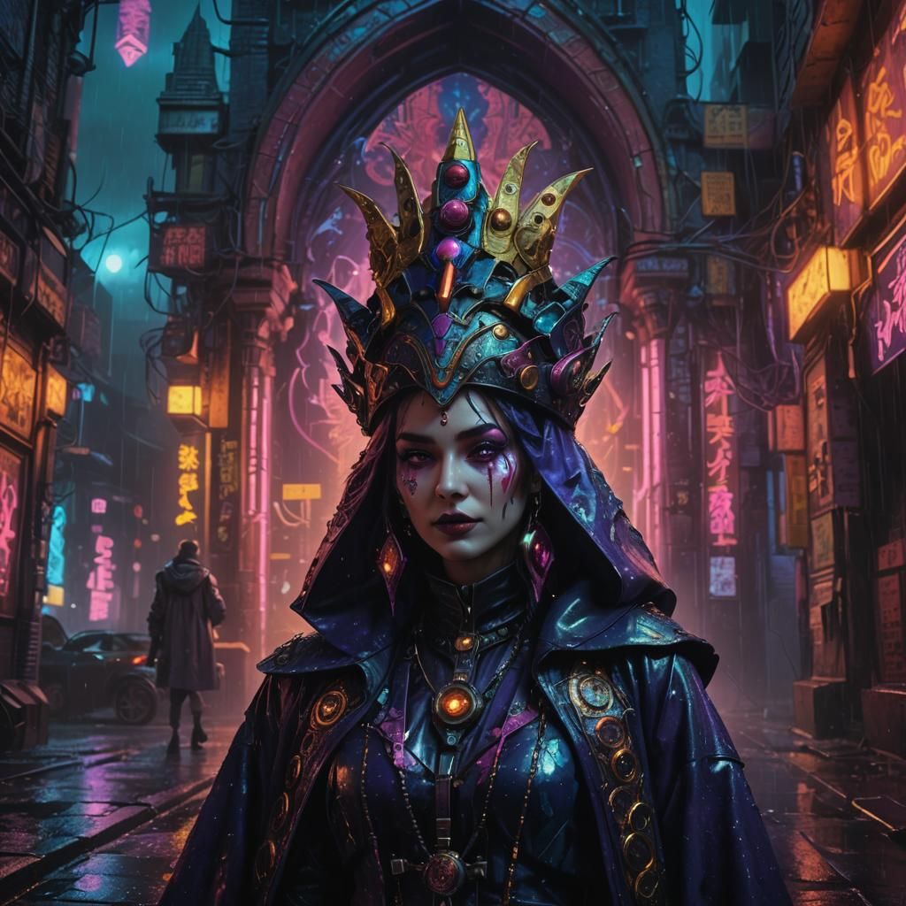 Cyberpunk Jester with Gothic Architecture, Neon Lights