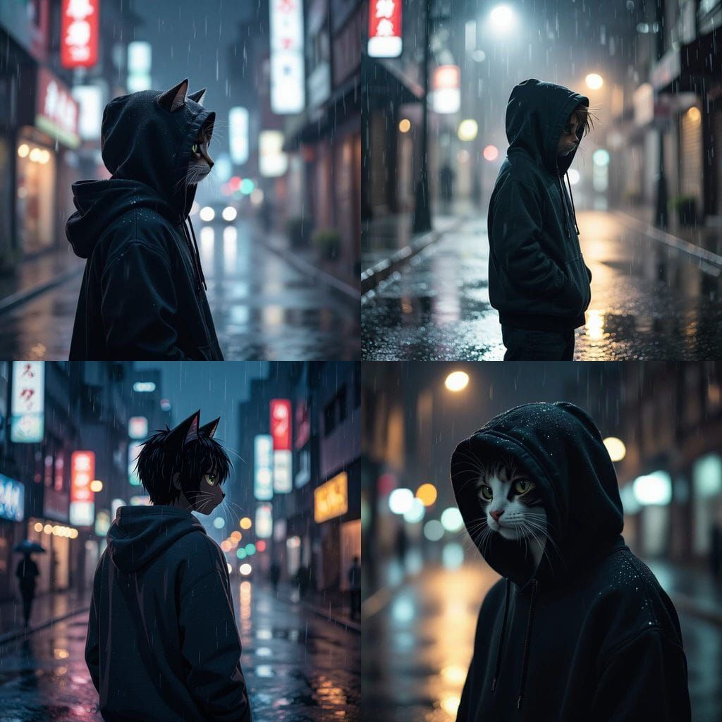 Cat Boy in Rain at Night Cinematic Film Still
