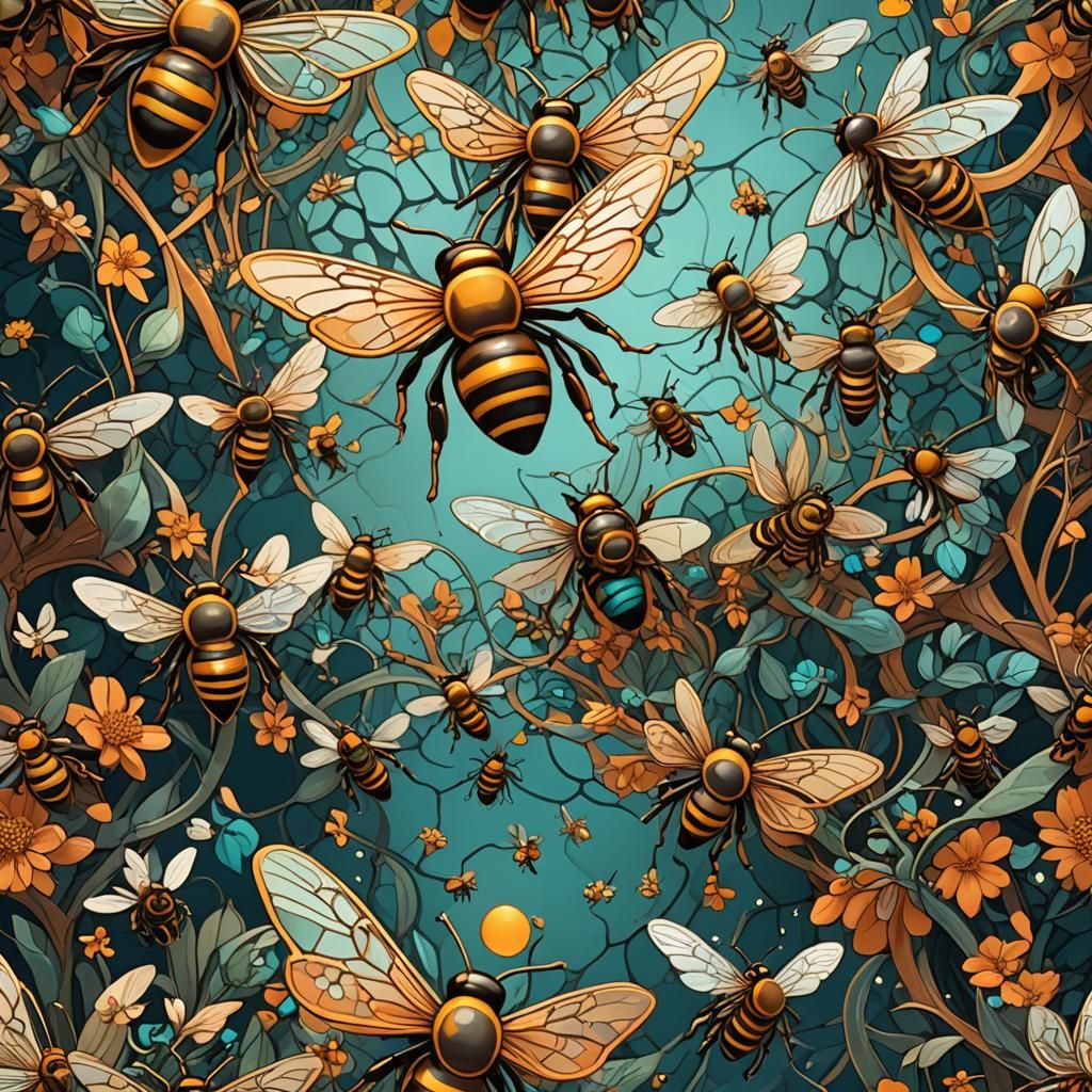 Bees with Intricate Wings: Art Nouveau Concept