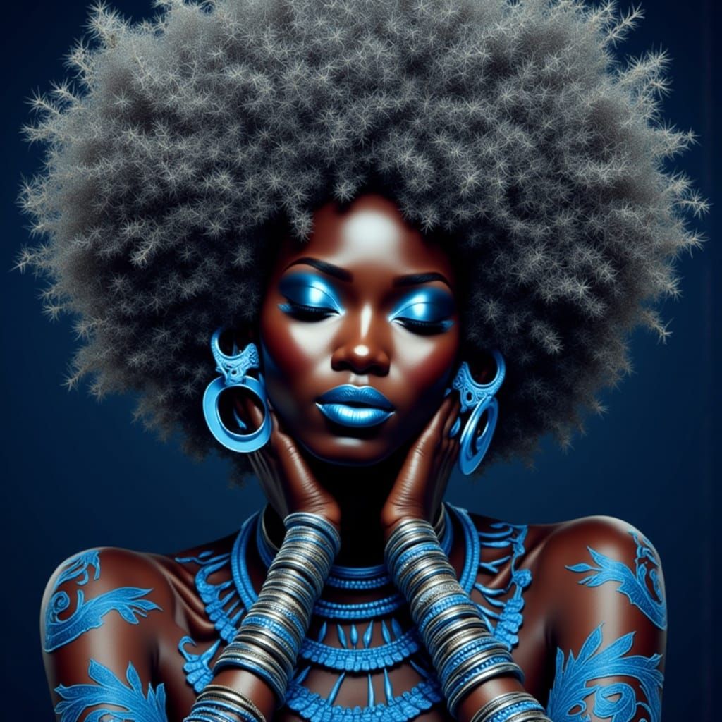 Stylized Portrait of Woman with Silver Afro in Digital Art