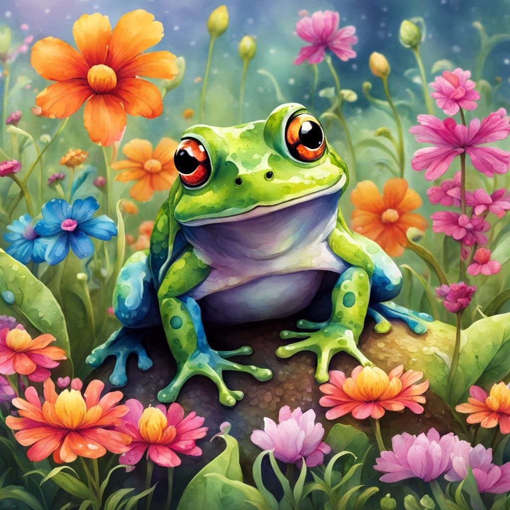 Cute frog in flower garden 💖🐸💖