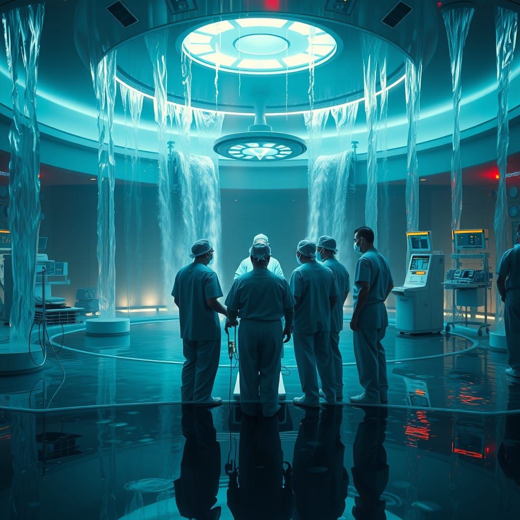 Surreal Surgical Team Amidst Cascading Waterfalls
