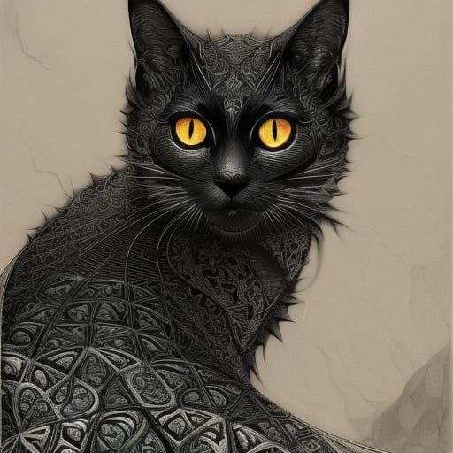 Black Cat in Medieval Village: Abstract Vector Art