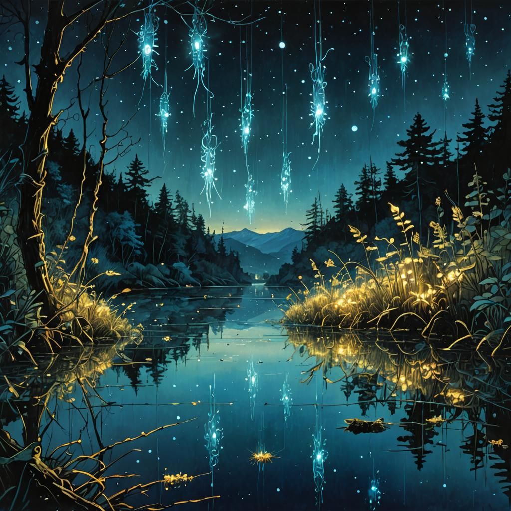 Magic Lights of Glowworms at Summer Night