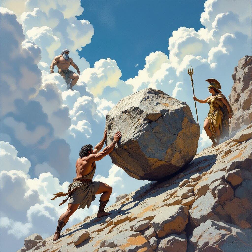 Sisyphus Pushes Boulder with Gods Observing