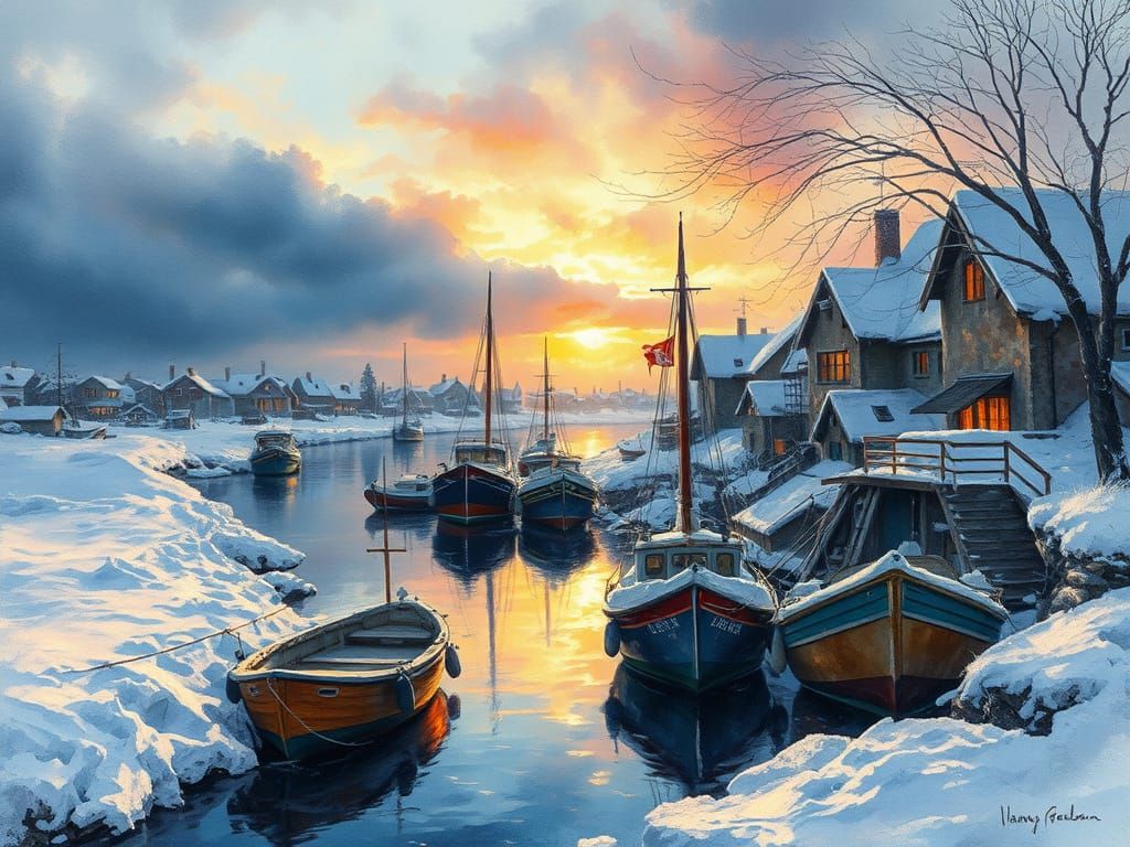 Winter Fishing Village at Sunrise: Watercolor Painting