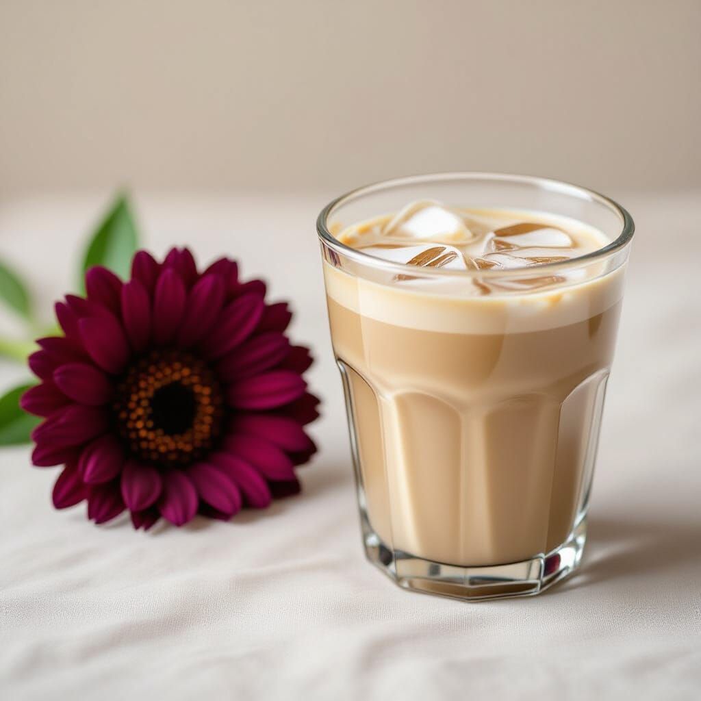Iced Latte with Dark Flower on Linen