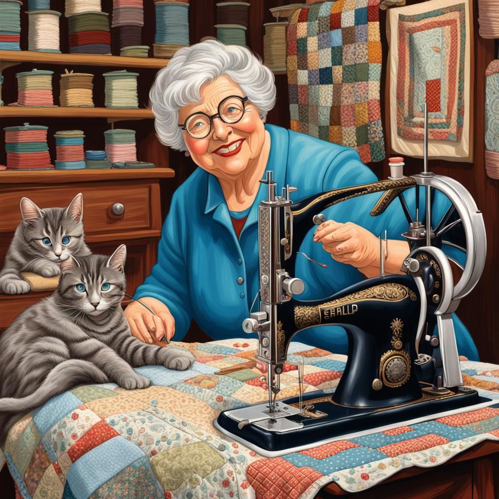 Cartoon Surrealism: Woman Sewing a Quilt