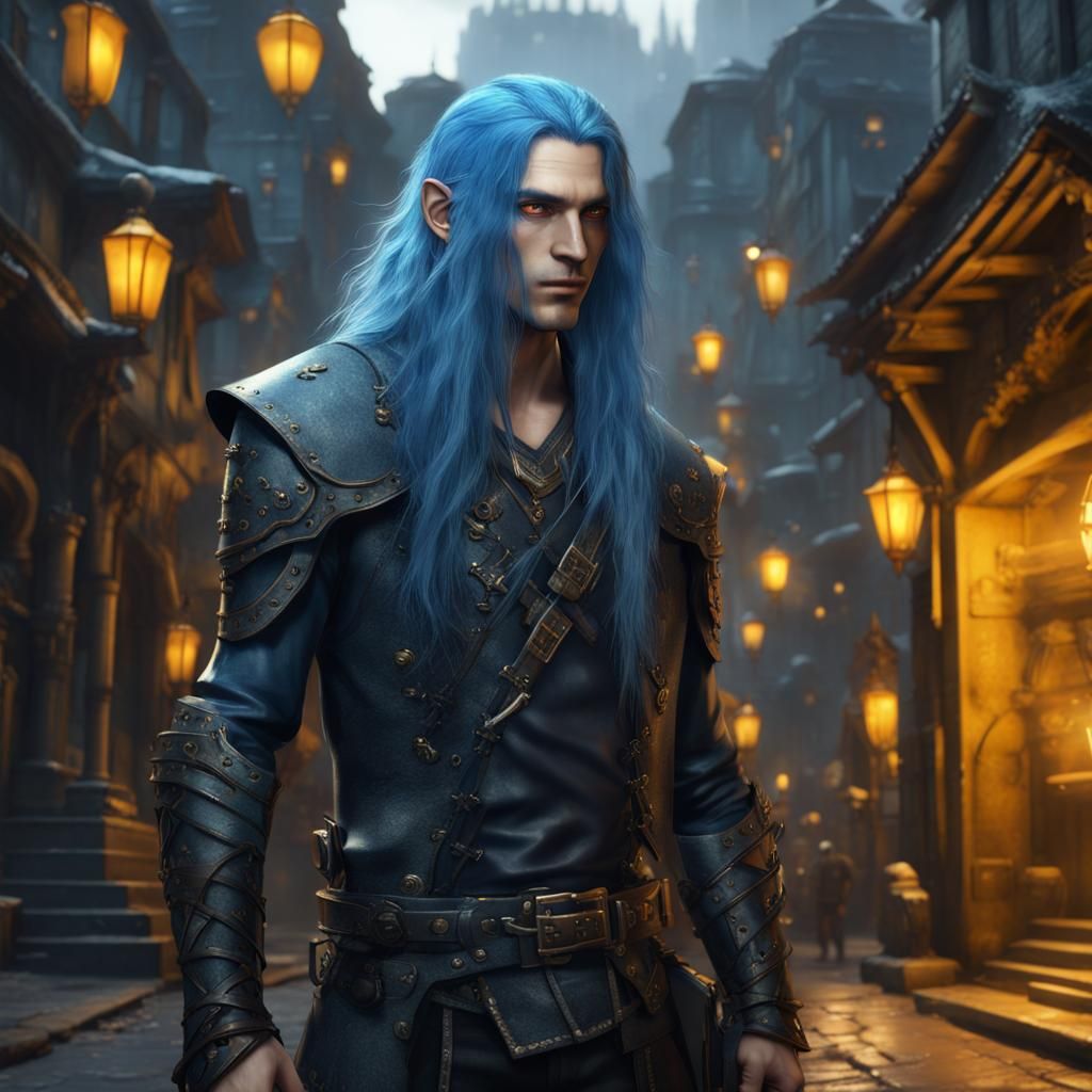 D&D Rogue with Blue Hair in Fantasy City