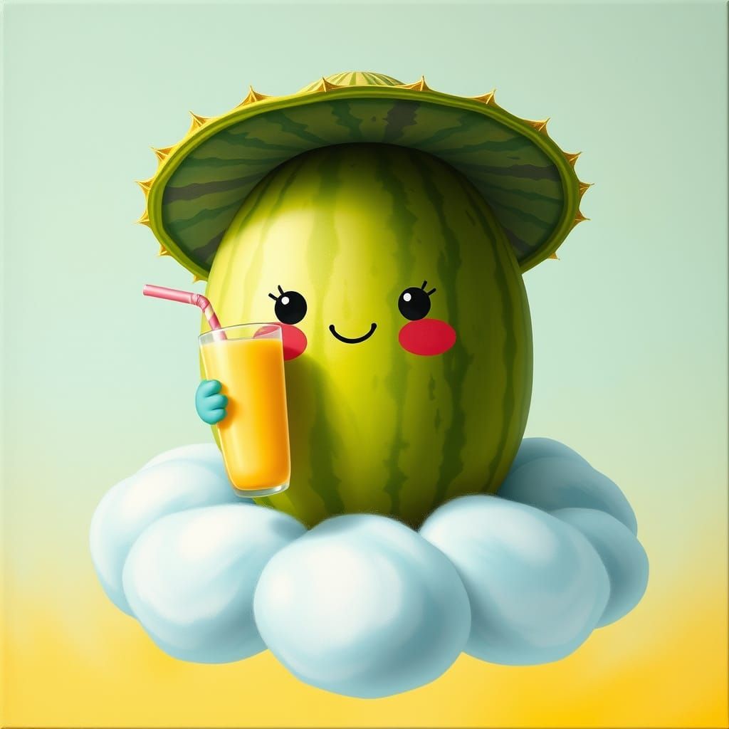 Kawaii Watermelon Sipping Milkshake on Cloud in Surrealist S...
