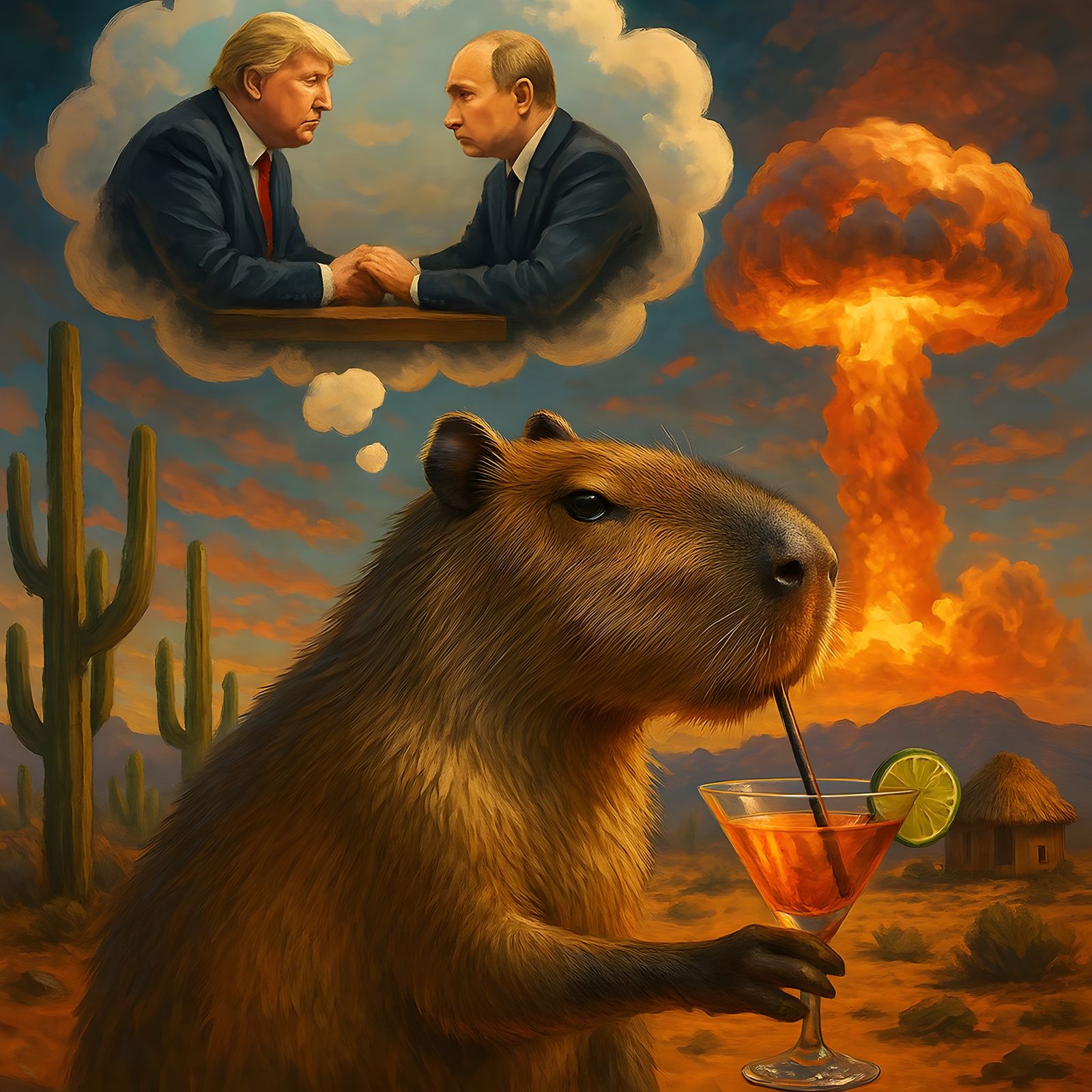 Capybara Cocktail in Desert with Nuclear Cloud, Splash Art