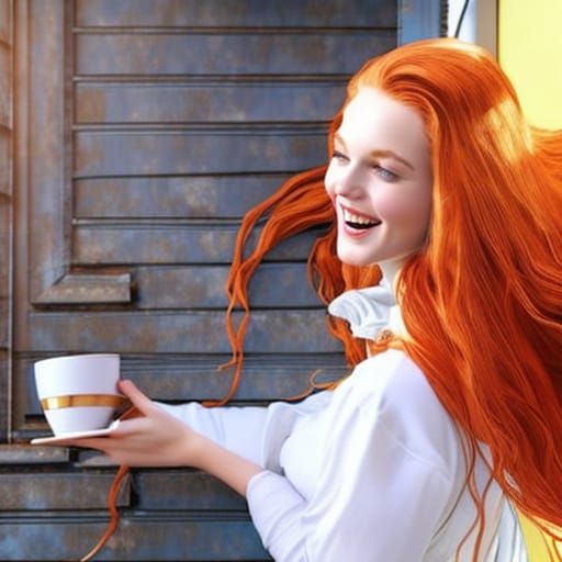 Joyful Redhead with Coffee: Digital Illustration