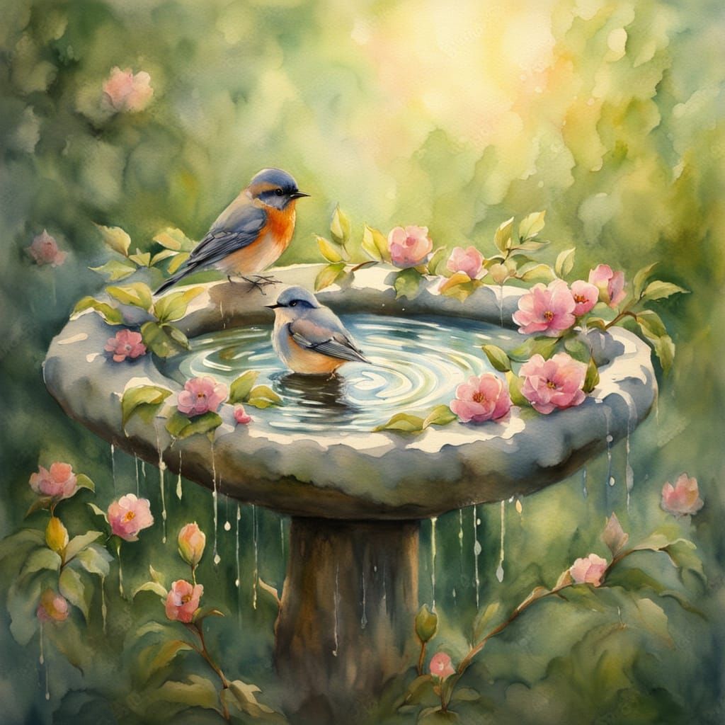Dreamy Bird Bath in Watercolor Style