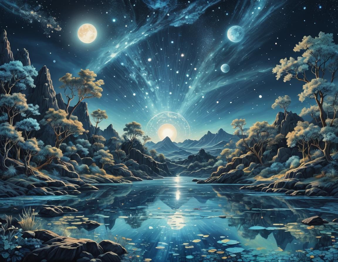 Blue Serene Landscape in Astral Cosmic Style