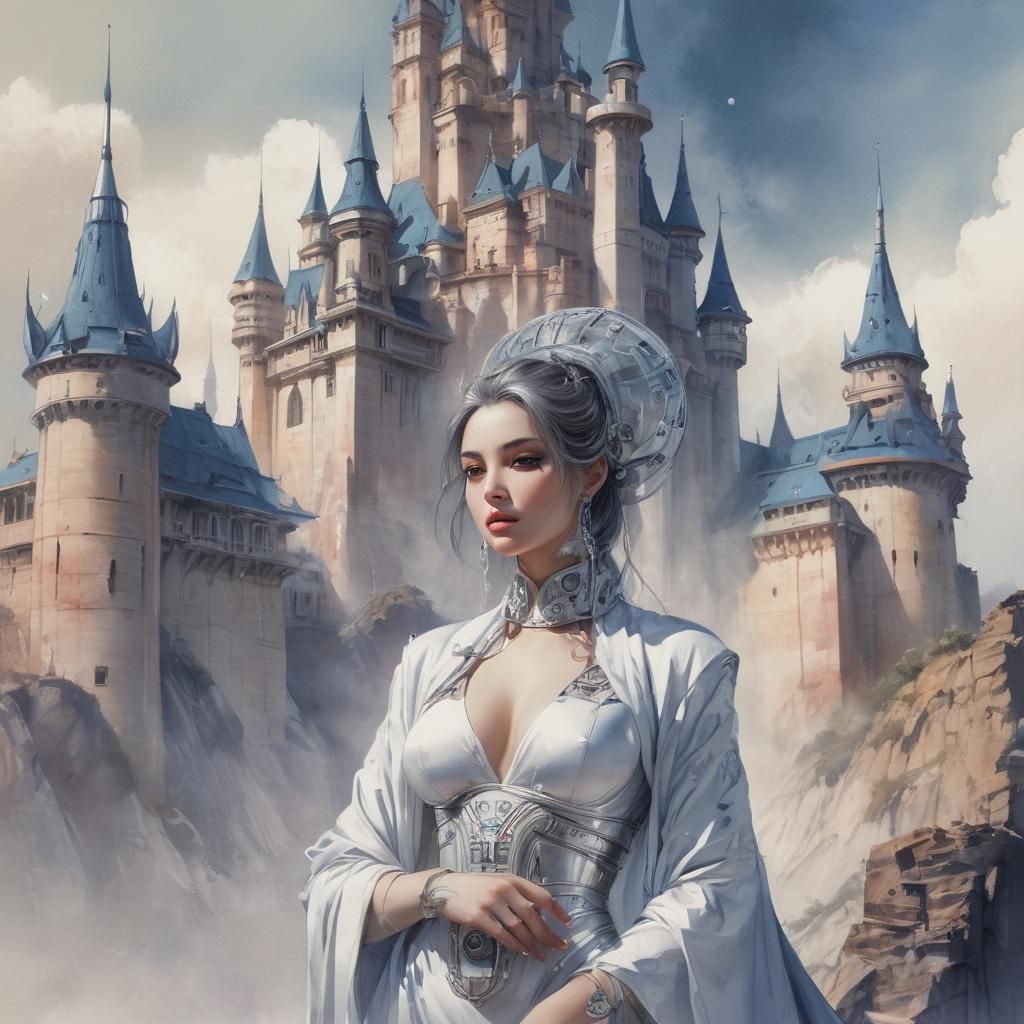 Retro-futuristic Priestess in Watercolor Sketch Style