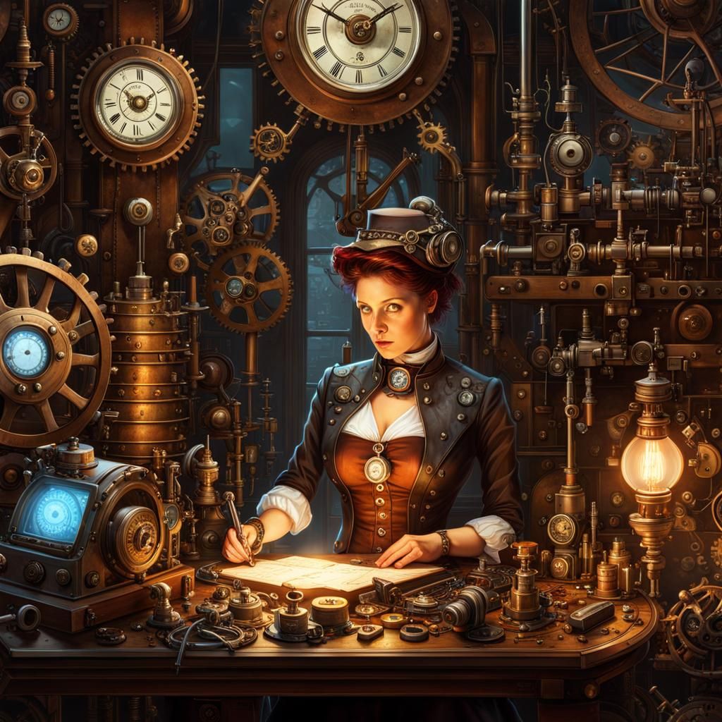 Steampunk Inventor in Hyperdetailed Workshop