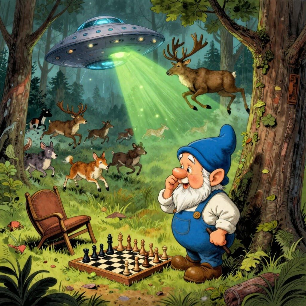 Gnome Contemplates Chess as UFO Abducts Elk in Storybook Sty...