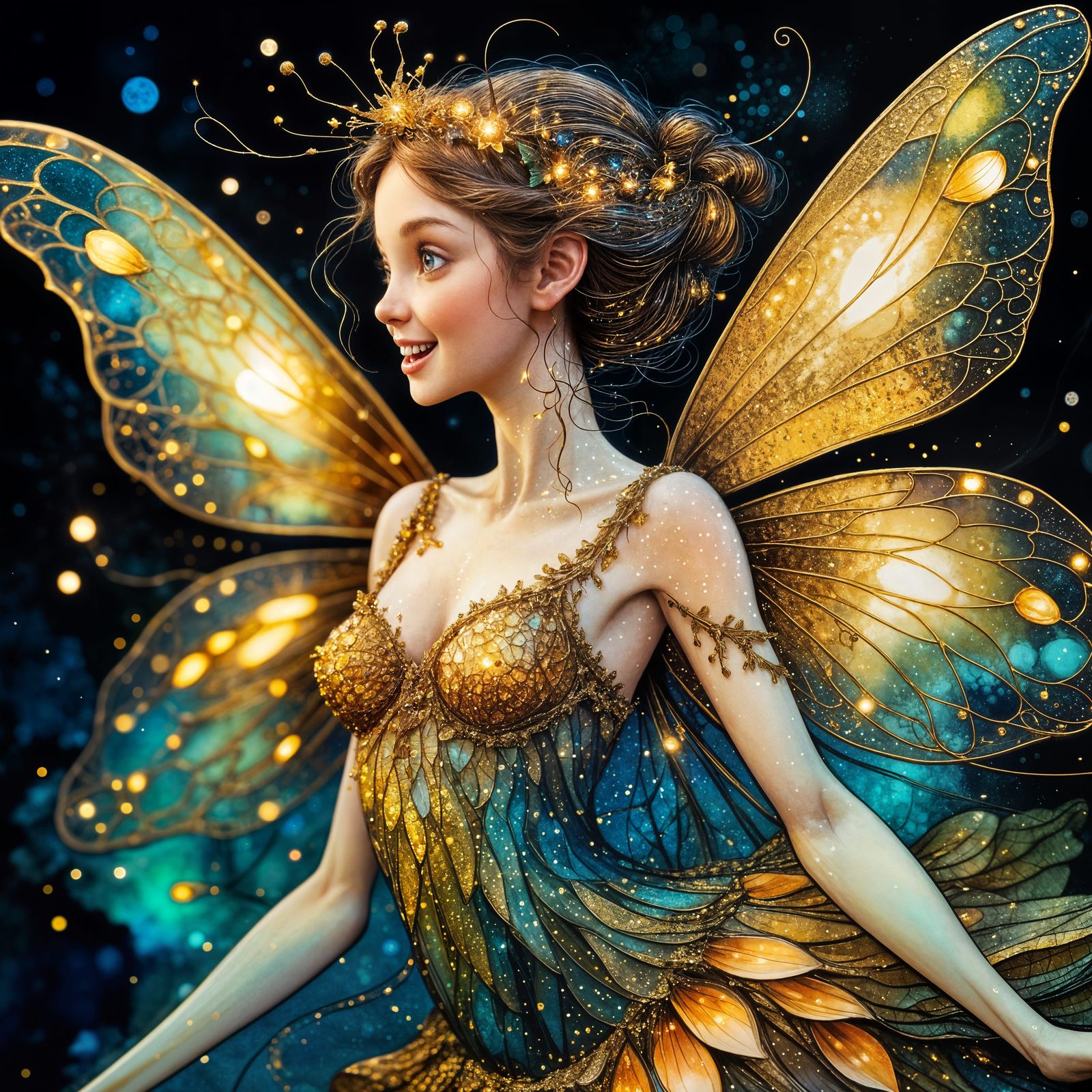 Fairy Dancing on the Moon with Golden Sparkles
