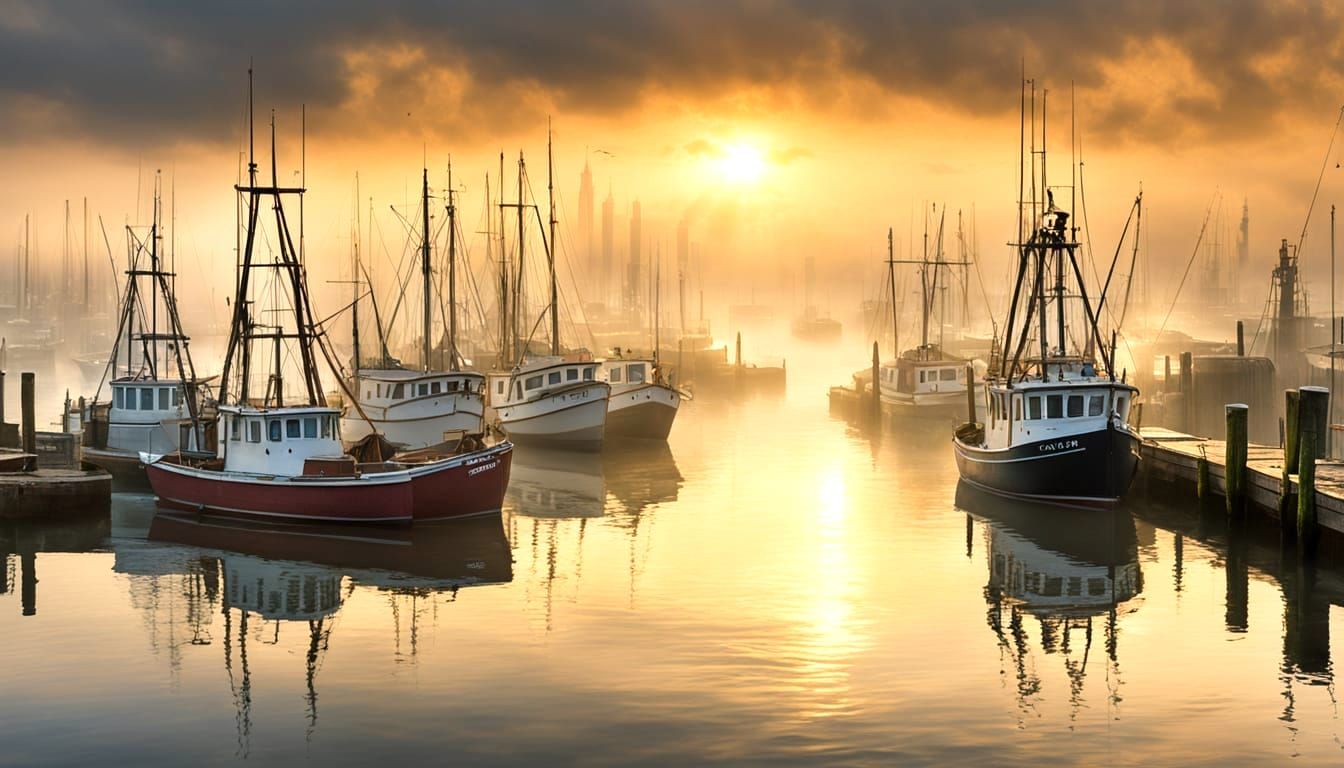 Sunrise Harbor Scene in Dense Fog