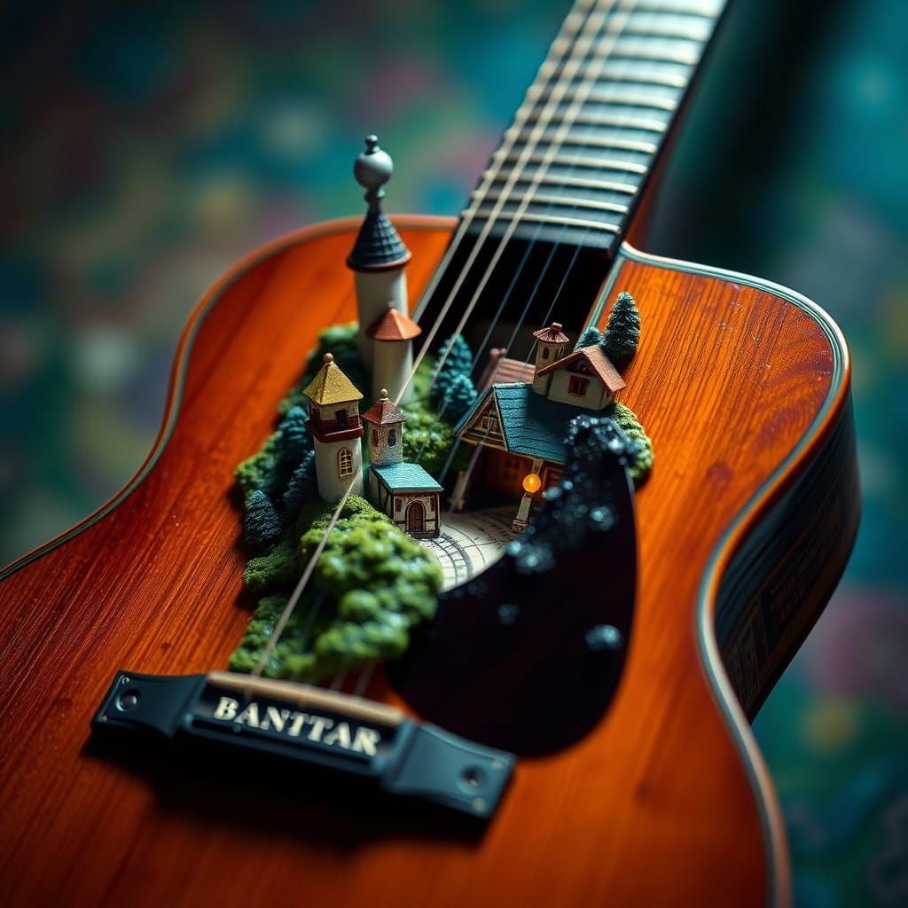 Miniature Village Inside Antique Guitar: Hyperrealistic Conc...