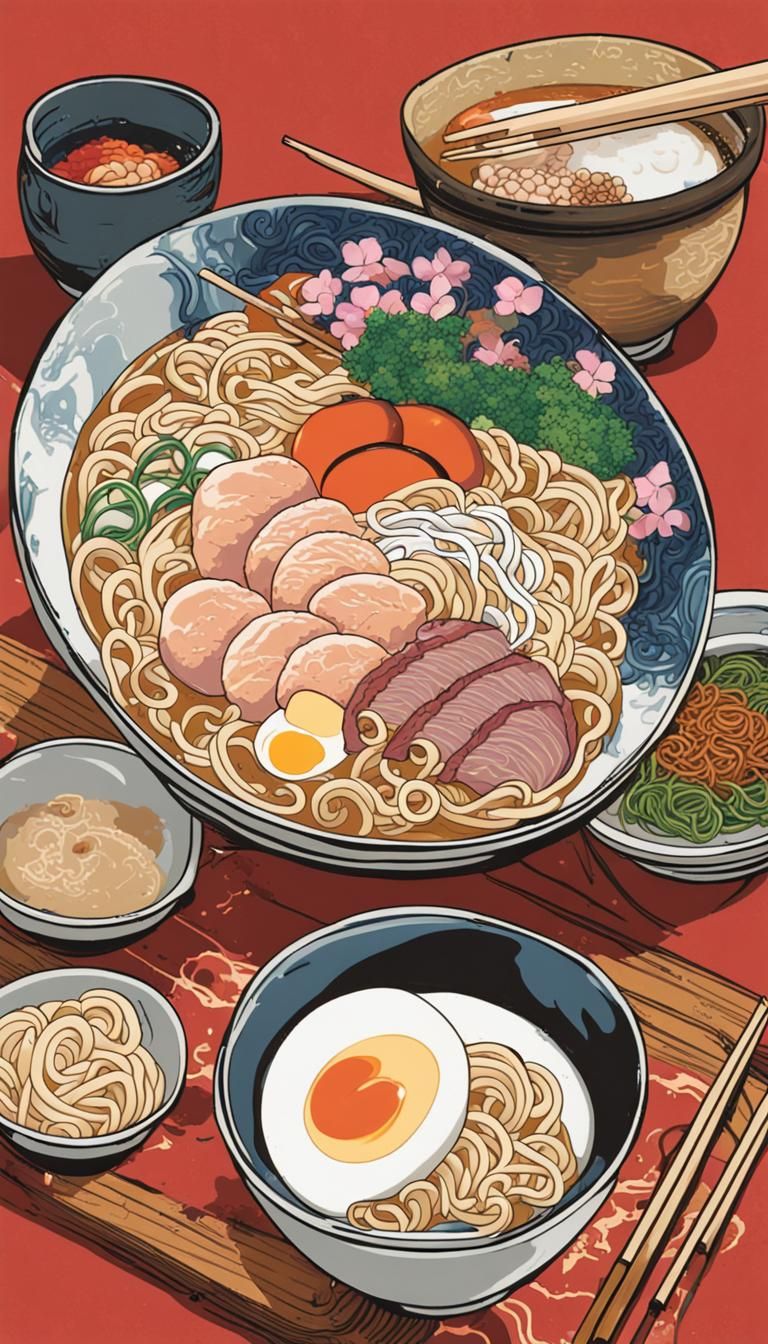 Detailed and Colorful Ramen Bowl Illustration