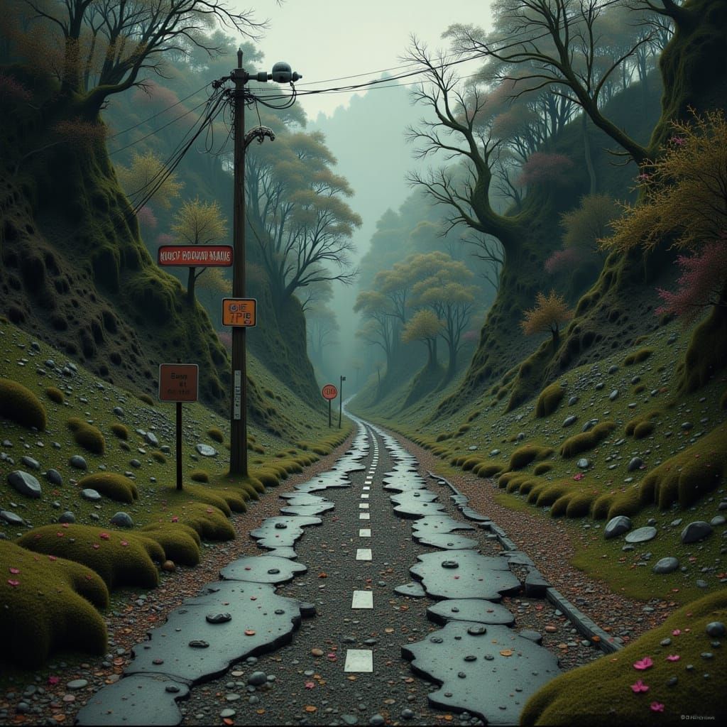 Haunting Overgrown Road Inspired by Dystopian Art