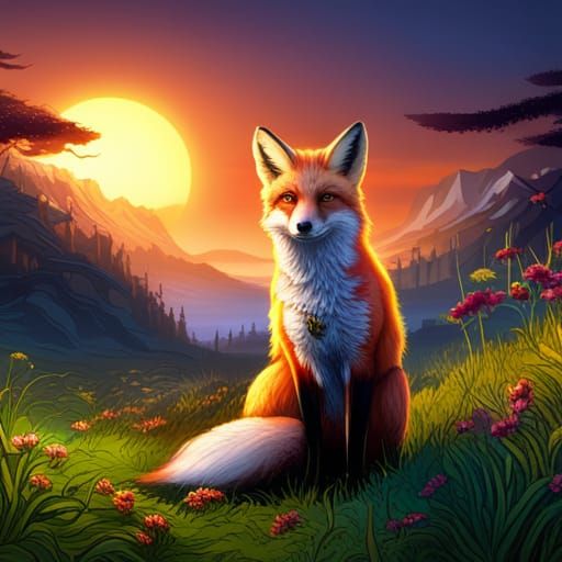 Fox in Field: Vibrant Detailed Matte Painting