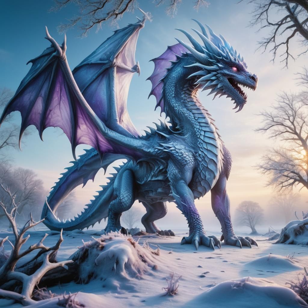 Ice Dragon in Wintery Landscape: Fantasy Art