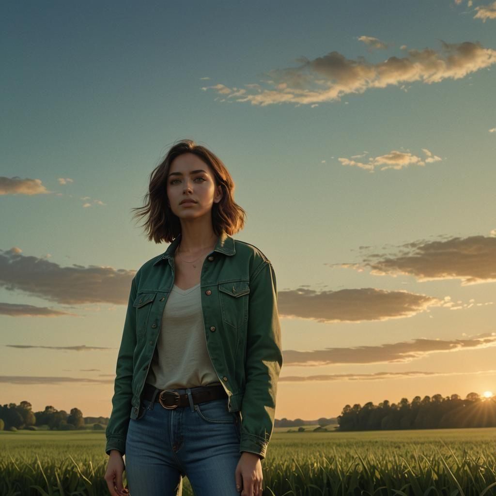 Woman in Field at Sunset: Detailed Matte Painting