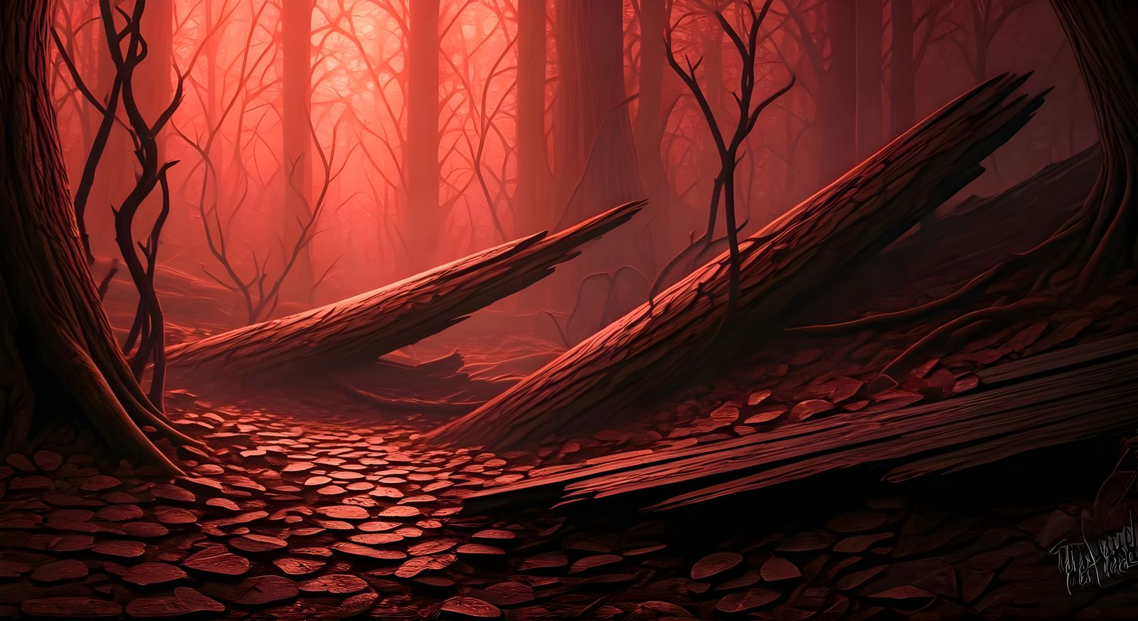 Creepy Chocolate Garden with Red Mist, Dark Surrealism