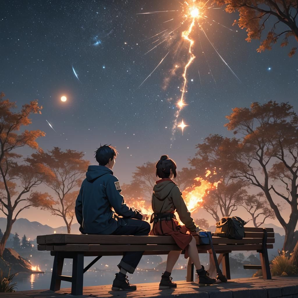 Anime Water Man and Fire Woman Stargazing