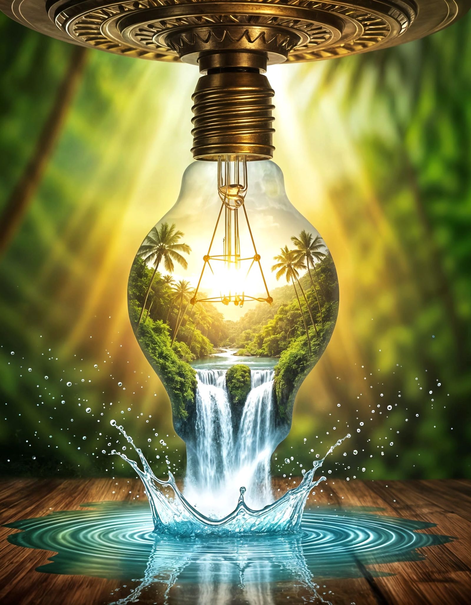 Surreal Tropical Waterfall Inside a Lightbulb