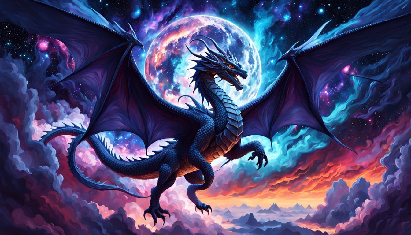 Majestic Dragon Soaring Through Nebula in Digital Painting S...