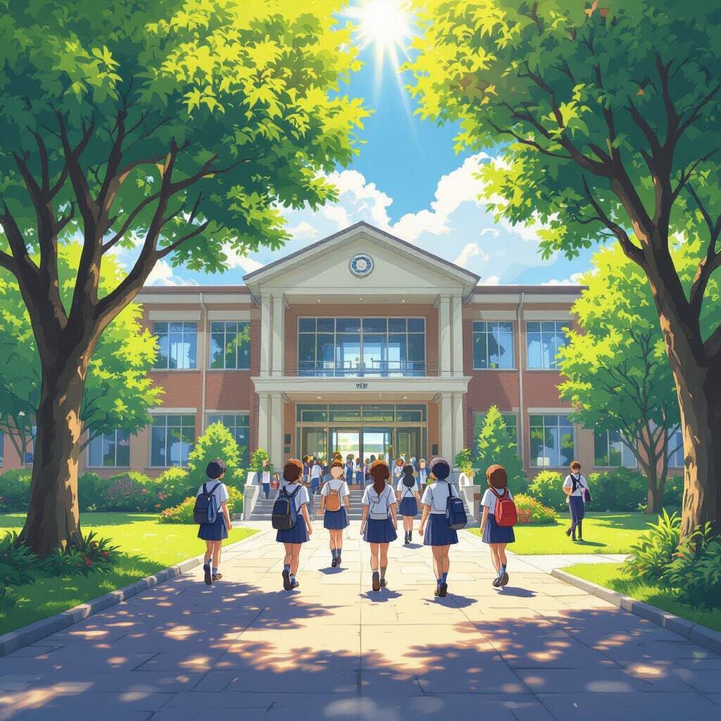 Vibrant Anime School Entrance in Sunlight