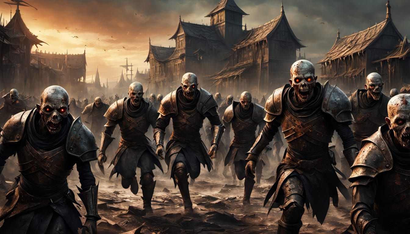 Dark Fantasy Armored Zombies Charge in Golden Hour