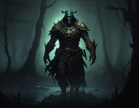 Bullywug in Misty Swamp: Dark Fantasy Concept Art