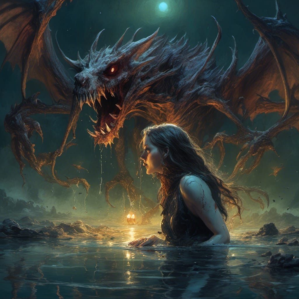 Vampire Emerges from Moonlit Lake in Hyperrealistic Splash A...